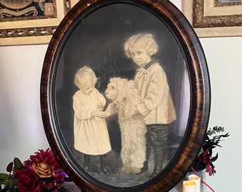 Antique Unusual Charcoal Photo Enlargement Children with Dog Framed Ghostly Image on Back Antique Framed Portrait Antique Photograph