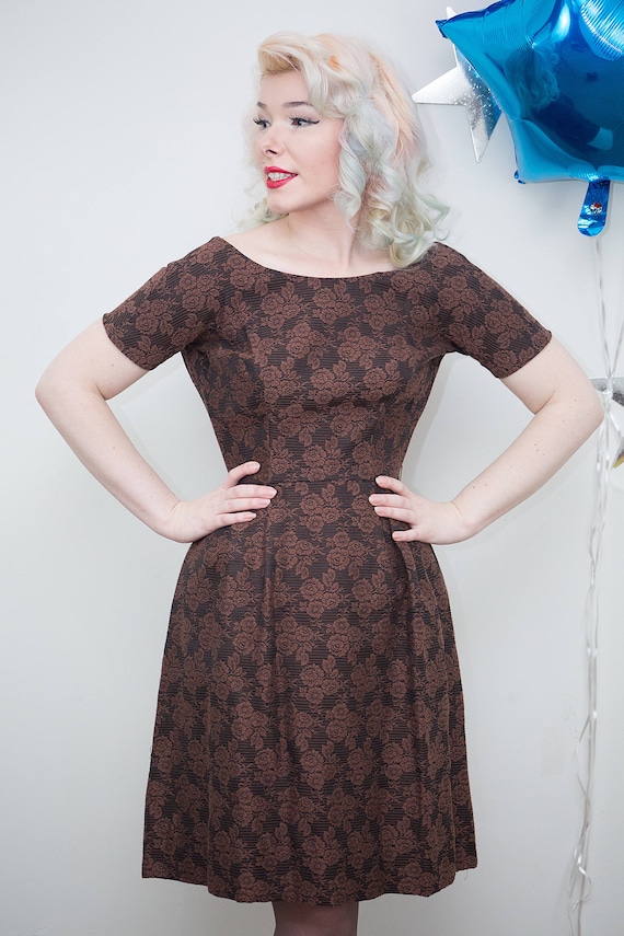 Vintage 1950s 1960s Brown Floral Brocade Party Dre
