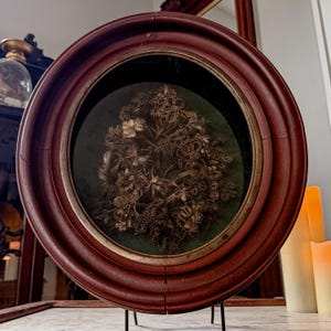 Antique Victorian Hair Art Floral Arrangement Human Hair Mourning Art Gimpwork Hairwork Under Glass Walnut Shadowbox Frame