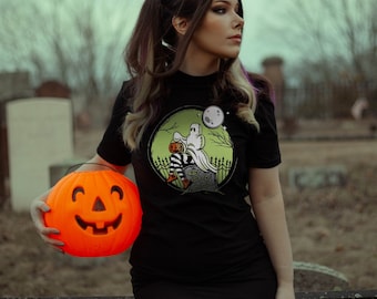 My Bloody Galentine Graveyard Ghost Soft T-Shirt Black, @mybloodygalentine Merch, Galloween, Halloween Shirt, Ghost Shirt, Spooky Graphic T