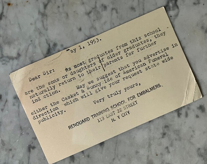 Vintage Note to Funeral Director From Renouard Training School for