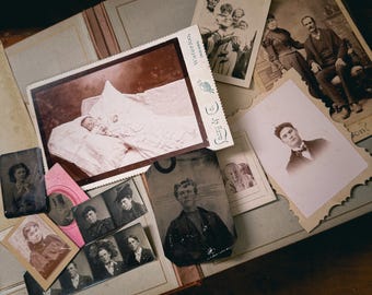 Antique Victorian Velvet Photo Album with Tintypes, Cabinet Cards & Mourning Ephemera Antique Family History Photo Album Antique Photos