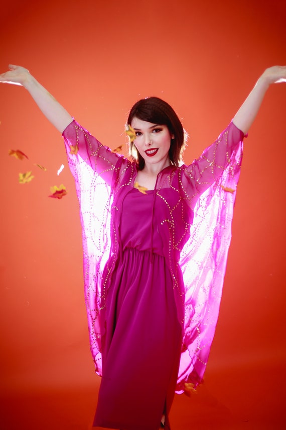 Vintage Witchy 1970s Disco Caped Dress, Fuschia Pu