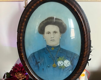 Antique Photo Enlargement Woman in Blue Tiger Bubble Frame Antique Framed Portrait Antique Photograph Victorian Lady