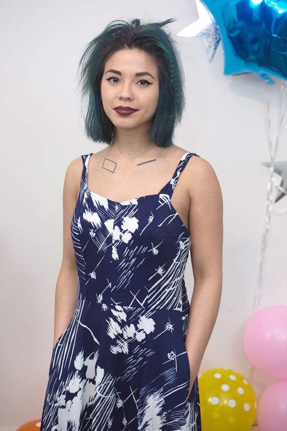 Vintage 70s Does 50s Blue White Floral Sun Dress,