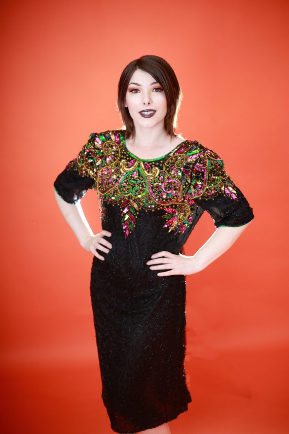 Vintage Silk Sequin Cocktail Evening Dress, 80s se