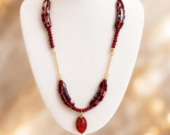 Vintage Murano Venetian Glass Necklace—Ruby Red Art Glass Pendant—Italian Foil Glass Beads—Mid Century Statement Jewelry