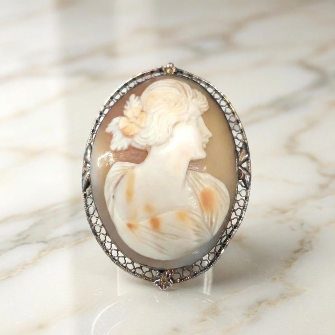 Vintage Hand Carved Shell Cameo Brooch, Sterling Silver Filigree, 1940s ...