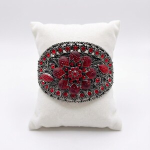 Vintage Red Rhinestone Cuff Bracelet – Silver Tone Filigree, Gothic Jewelry
