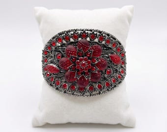 Vintage Red Rhinestone Cuff Bracelet – Silver Tone Filigree, Gothic Jewelry
