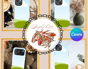 May include: A collection of phone cases featuring a landscape design with a blue sky, white cloud, and green grassy hill. The cases are displayed in a mock-up with coffee, flowers, and decorative elements.