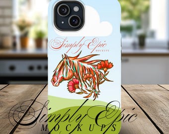 May include: A phone case featuring a horse illustration with orange and red floral accents. The design includes a blue sky with a white cloud and a green field. The text "Simply Epic Mockups" is displayed on the case.
