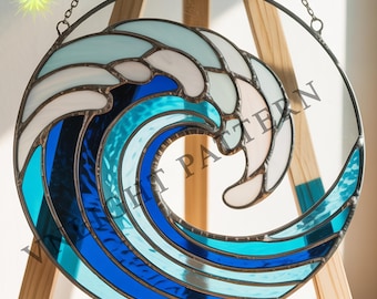 Descarga digital de patrón de vitral de olas del océano, flor de vitral, vitral para hacer tú mismo