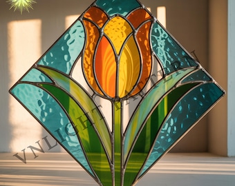 Descarga digital: Patrón de vitral de tulipán, flor de vitral, vitral para hacer tú mismo.