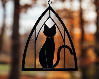 Descarga digital Patrón de vitral de gato negro de Halloween, flor de vitral, vitral DIY