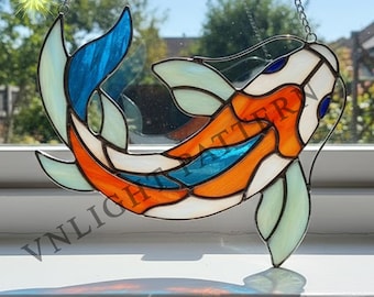 Descarga digital Patrón de vitral de pez koi, Flor de vitral, Vitral DIY