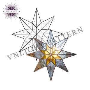 May include: A stained glass star with a gold center and clear, blue-tinted points. A black and white line drawing of the star is next to it, with numbers indicating the pattern. The text "VN LIGHT PATTERN" is also visible.