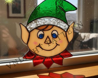 Descarga digital de patrón de vitral de elfo navideño, flor de vitral, vitral para hacer tú mismo