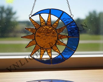 Descarga digital Patrón de vitral Sol y Luna, Flor de vitral, Vitral DIY