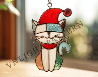 Descarga digital Patrón de vitral de gato y sombrero navideño, Flor de vitral, Vitral DIY