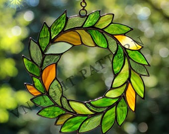 Descarga digital Patrón de vitral con forma de anillo de hojas, flor de vitral, vitral DIY