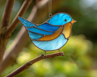 Descarga digital Patrón de vitral de pájaro azul, Flor de vitral, Vitral DIY