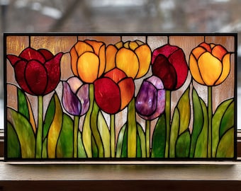 Descarga digital Patrón de vitral de jardín de tulipanes, flor de vitral, vitral DIY