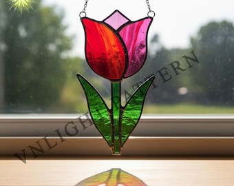 Descarga digital Patrón de vitral de flor de tulipán, flor de vitral, vitral DIY