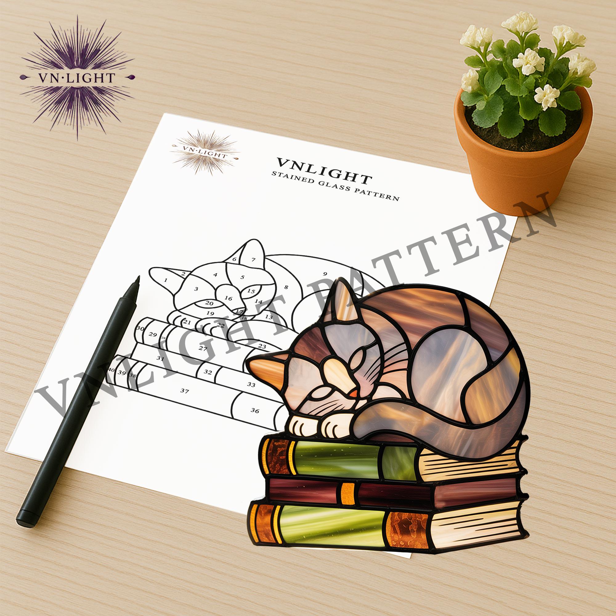 Digital Download Cat on the Book Stained Glass Pattern, DIY Stained ...
