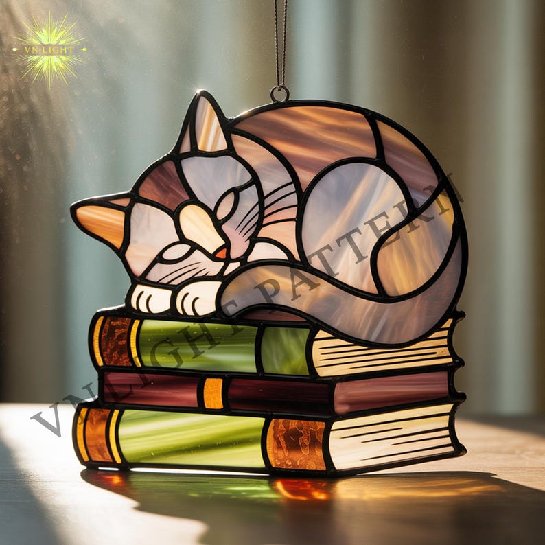 Digital Download Cat on the Book Stained Glass Pattern, DIY Stained ...