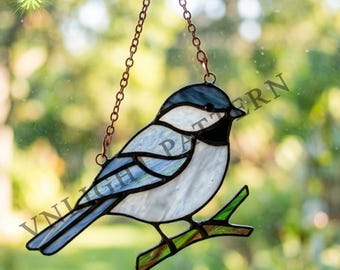 Descarga digital del patrón de vidriera Chickadee, flor de vidriera, vidriera DIY