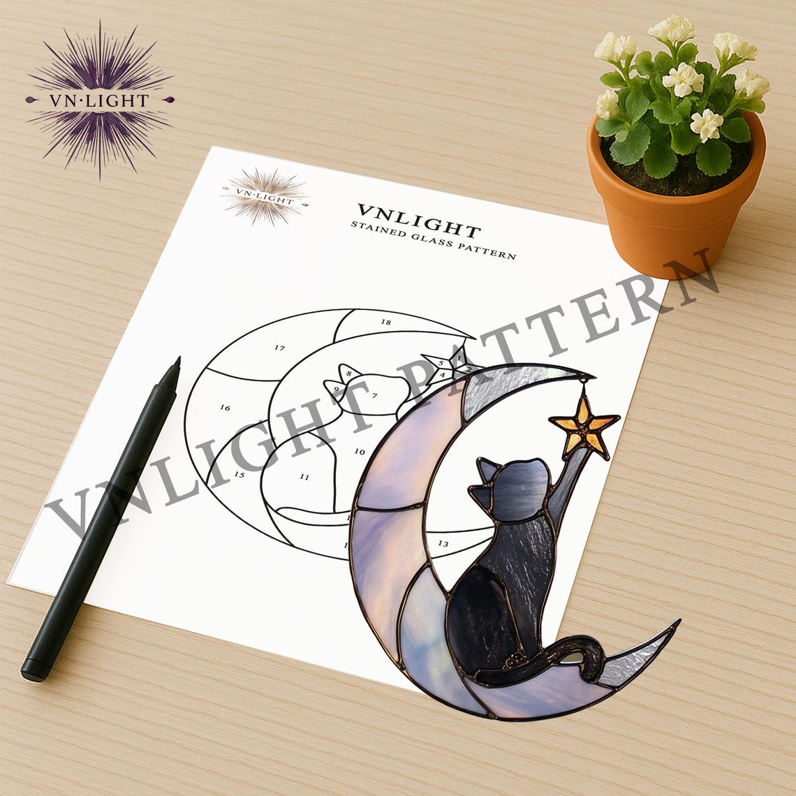 Digital Download Cat and Moon Stained Glass Pattern, Stained Glass ...