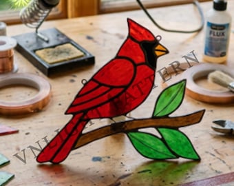Descarga digital Patrón de vidriera de cardenal, flor de vidriera, vidriera DIY