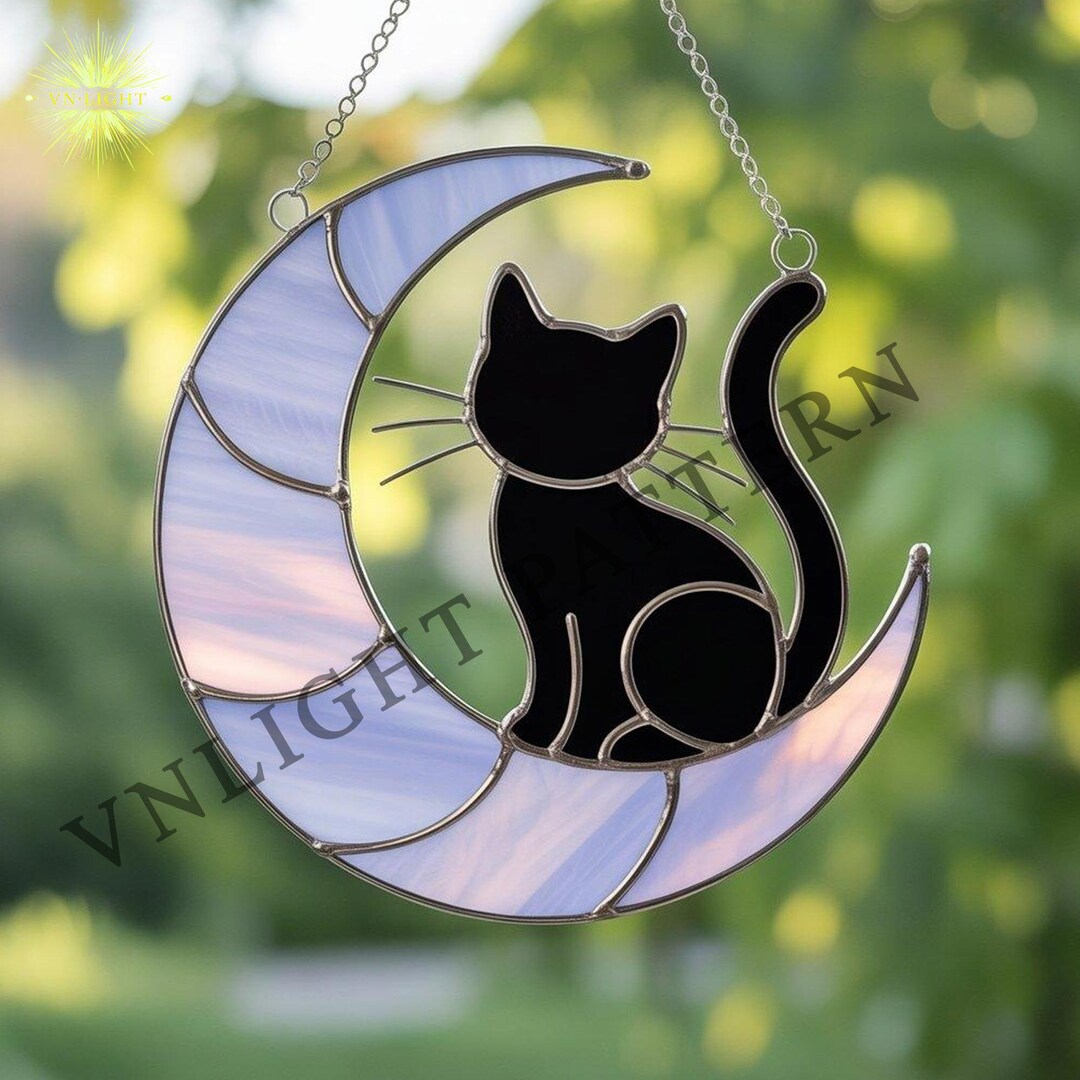 Digital Download Cat and Moon Stained Glass Pattern, Stained Glass ...