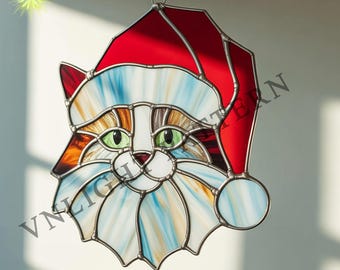 Descarga digital Patrón de vitral de gato y sombrero navideño, Flor de vitral, Vitral DIY