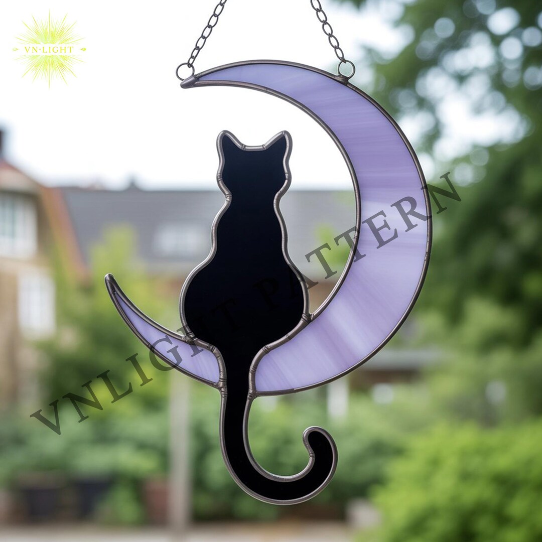 Digital Download Cat and Moon Stained Glass Pattern, Stained Glass ...