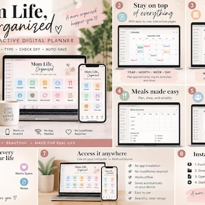 May include: An interactive digital planner titled Mom Life, Organized, displayed on a laptop and smartphone. The interface features icons for calendar, meal planning, finances, and family tasks. Includes text instructions for planning, typing, and auto-saving.