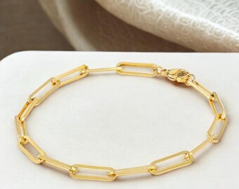 Gold Plated Paperclip Link Bracelet, Minimalist Chain, Christmas Day Gift