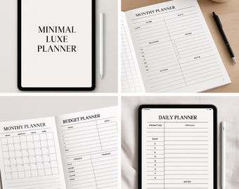 Agenda digital minimalista de lujo para iPad con hipervínculos. GoodNotes imprimible en PDF con fecha. Blanco y negro, A4 y carta.