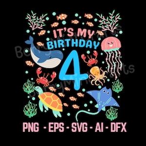 海辺の私の誕生日クリップアート、海の動物、4歳の誕生日 PNG SVG（デジタルダウンロード）