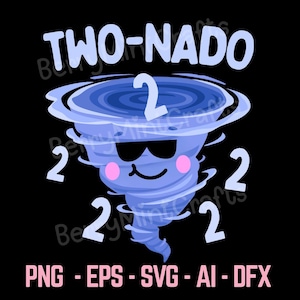 Könnte beinhalten: Cartoon-Illustration auf schwarzem Hintergrund. Das Bild zeigt einen blauen Tornado mit Sonnenbrille und rosa Wangen. Der Text "TWO-NADO 2" steht über dem Tornado. Die Zahl "2" wiederholt sich um den Tornado. Darunter steht der Text "PNG - EPS - SVG - AI - DFX".