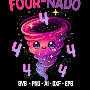 May include: A digital graphic featuring the words "FOUR-NADO" in pink and purple. A cartoon tornado with a smiling face is in the center, surrounded by the number "4". The background is black with stars.