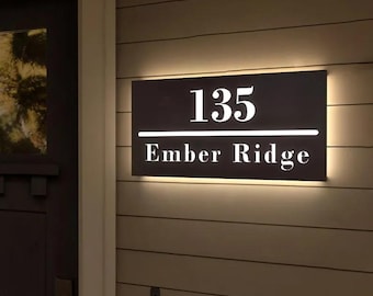 Solar Powered Address Plaque, Modern LED House Numbers Sign, Weatherproof Illuminated Home Numbering, Automatic Dusk to Dawn Lighting