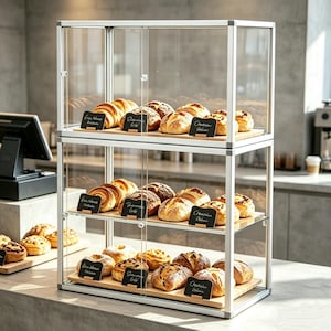 Op de afbeelding: Een zilverkleurige vitrine met glazen deuren, met een assortiment bakkerijproducten zoals croissants en broden. Elk item is voorzien van een klein schoolbordlabel. De vitrine heeft houten planken en staat in een bakkerij.
