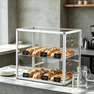 Op de afbeelding: Een glazen vitrine met een zilveren frame, met verschillende versgebakken broden. Het brood is goudbruin met een textuurkorst. De vitrine staat op een grijze toonbank, met een glazen kan en glazen op de voorgrond.