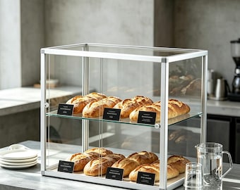 Vitrina expositora de pan de acrílico de estilo rústico moderno, soporte para pasteles con base de metal para panadería y cafetería.
