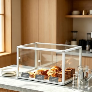 Op de afbeelding: Een rechthoekige glazen en witmetalen vitrine met gebak, waaronder croissants en vierkante cakes. De vitrine staat op een marmeren oppervlak, met een stapel borden en een waterkan. Op de achtergrond houten kasten.