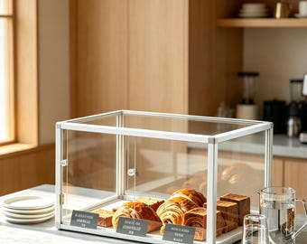 Vitrina pequeña de acrílico para panadería, soporte metálico para muffins, donuts y pan para cafetería.