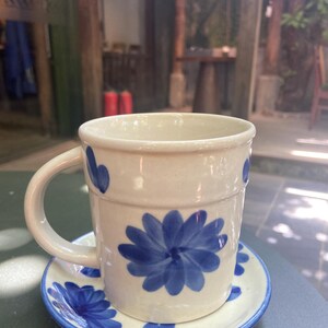 Vintage Blue Flower Ceramic Coffee Mug with Matching Saucer – Handmade Pottery Tea Cup