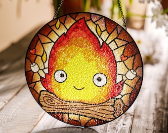 Calcifer Stained Glass Suncatcher, Ghibli Studio Suncatcher Window Hanging, Anime Lover Gift, Calcifer Anime Home Decor, Anime Suncatcher
